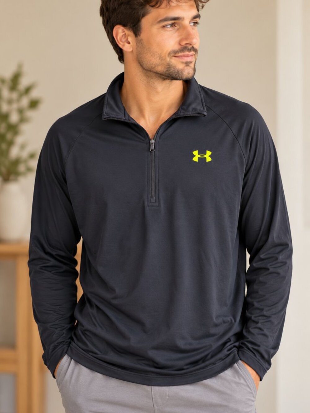 Under Armour Men's Large Loose Fit Long Sleeve Quarter Zip Pullover Black 234